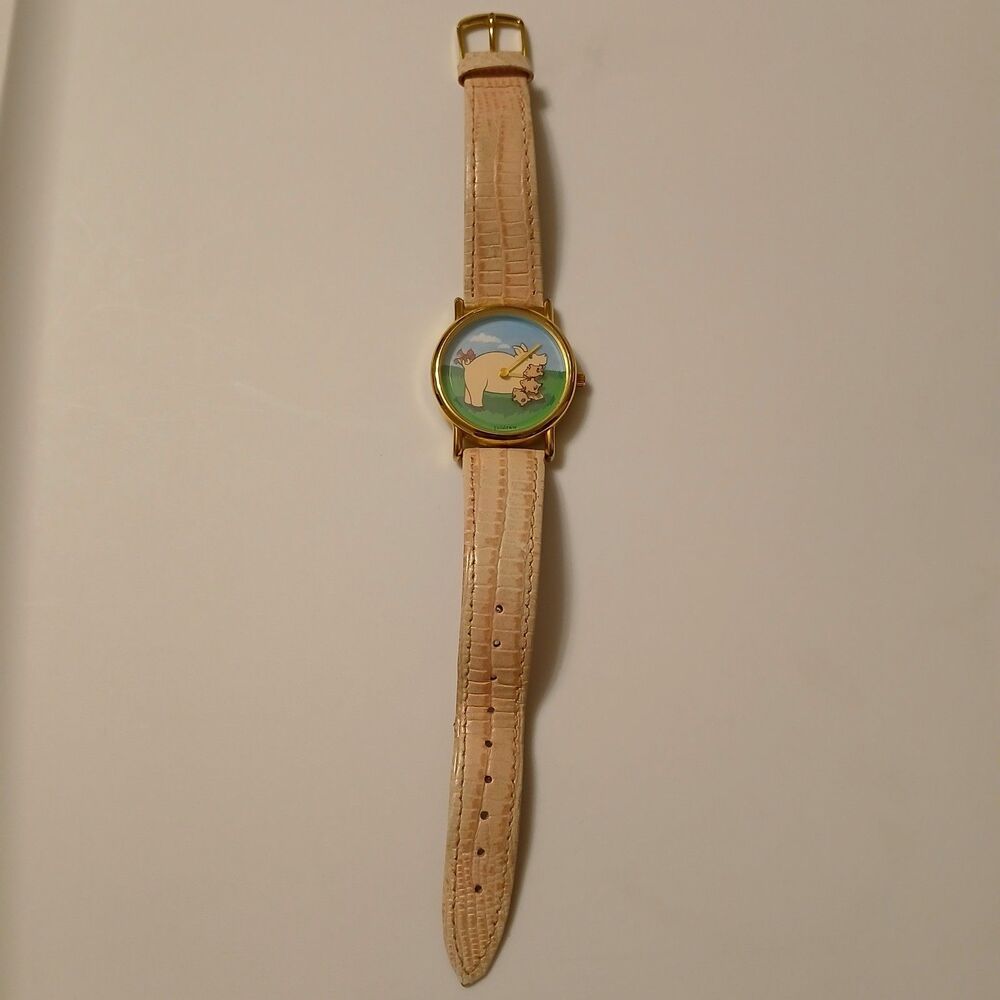 Vintage Valdawn Women's Moving Pigs Pink Gold Tone Analog Watch WR Swiss Parts